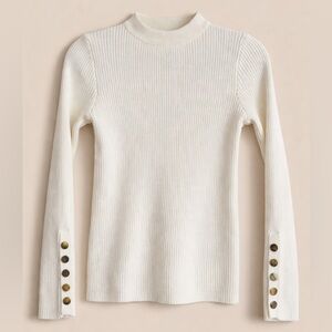 White Ribbed Knit Sweater Top Size Small Mock Neck Button Sleeve Stretchy